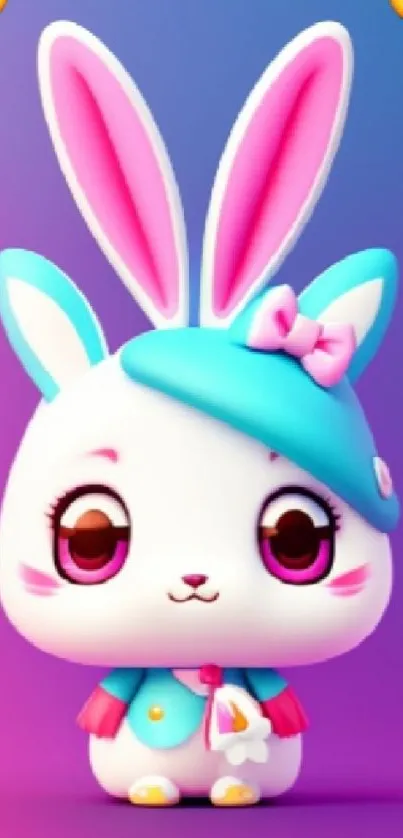 Cute cartoon bunny with pink and blue colors on a purple background.