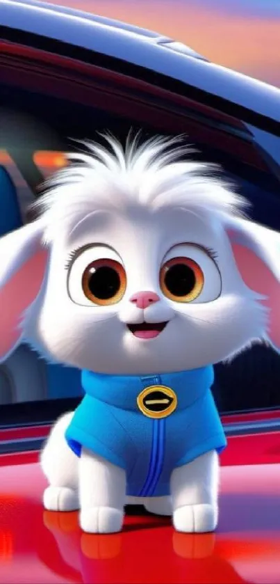 A cute cartoon bunny with big eyes and a blue jacket sitting on a car.