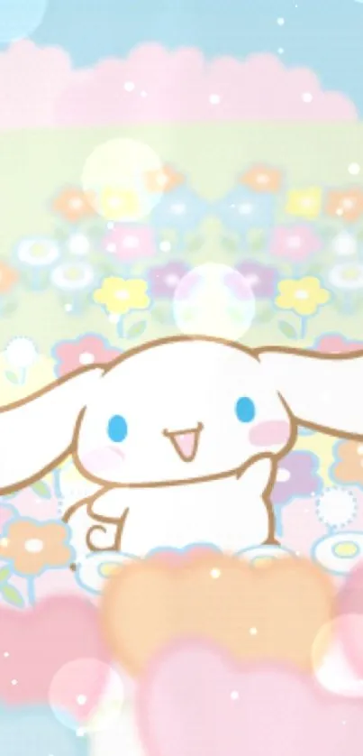 Cute cartoon bunny in a pastel floral field mobile wallpaper.