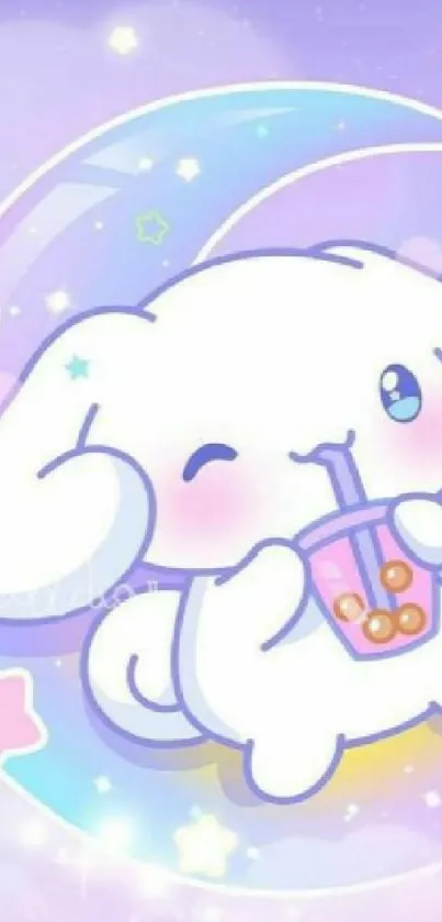 Adorable cartoon bunny sipping boba tea with pastel colors.