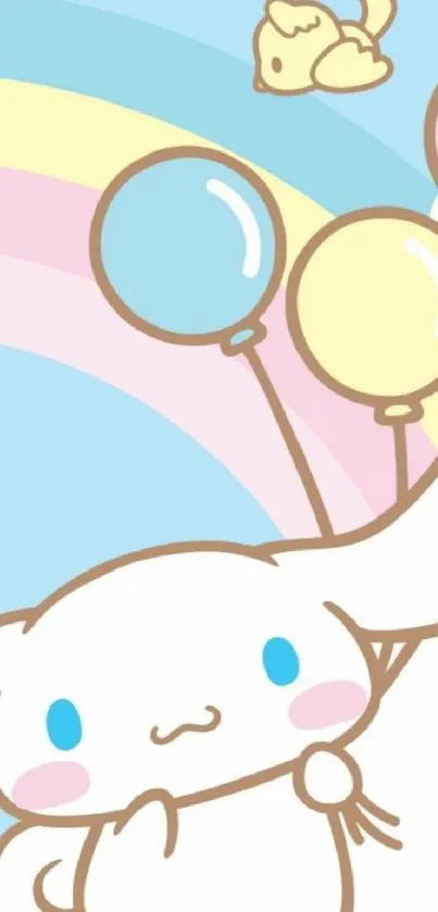 Cute cartoon bunny with balloons and rainbow on sky blue background.