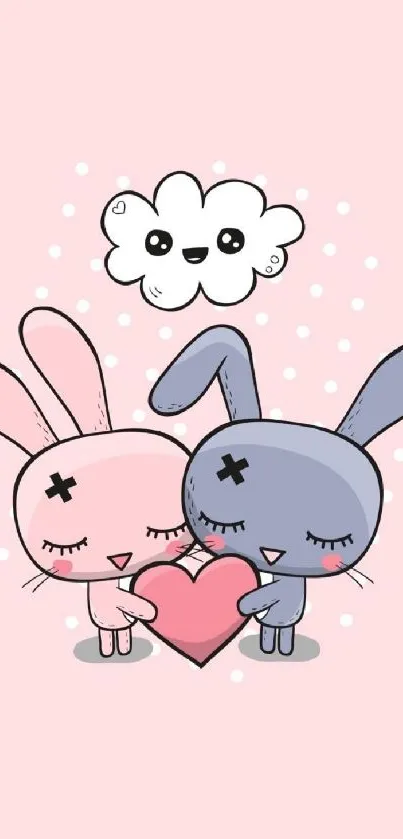 Cute cartoon bunnies with heart on a light pink background.