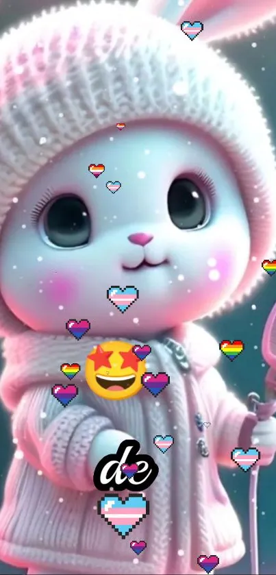 Cute bunny cartoon with hearts and microphone.