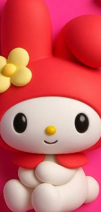 Cartoon bunny in red hood with flower, on a pink background.