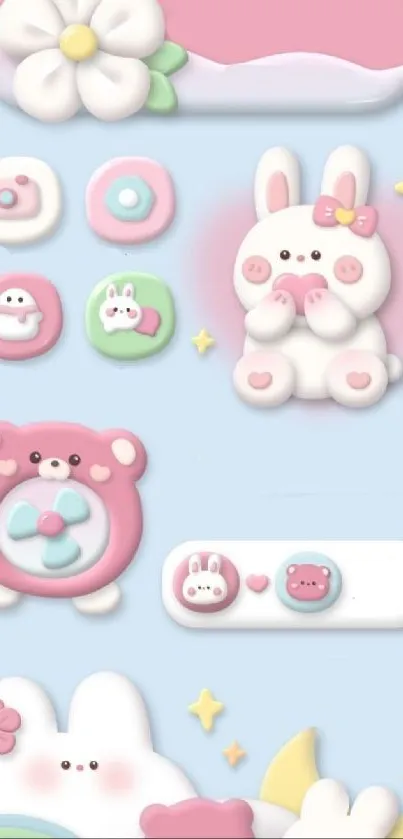 Adorable pastel cartoon bunny and bear mobile wallpaper with light blue background.