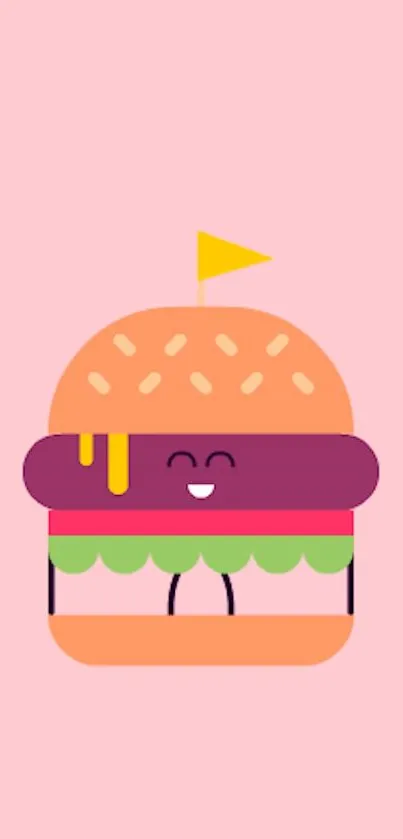 Cute cartoon burger on pink background wallpaper.