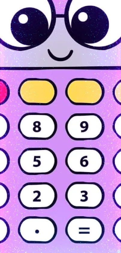 Adorable cartoon calculator with purple and colorful buttons in a playful design.