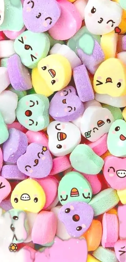 Cute pastel candy wallpaper with cartoon faces.