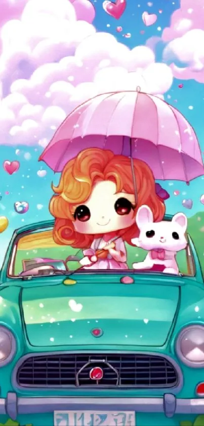 Cartoon girl and bunny in car with umbrella, colorful hearts and clouds.