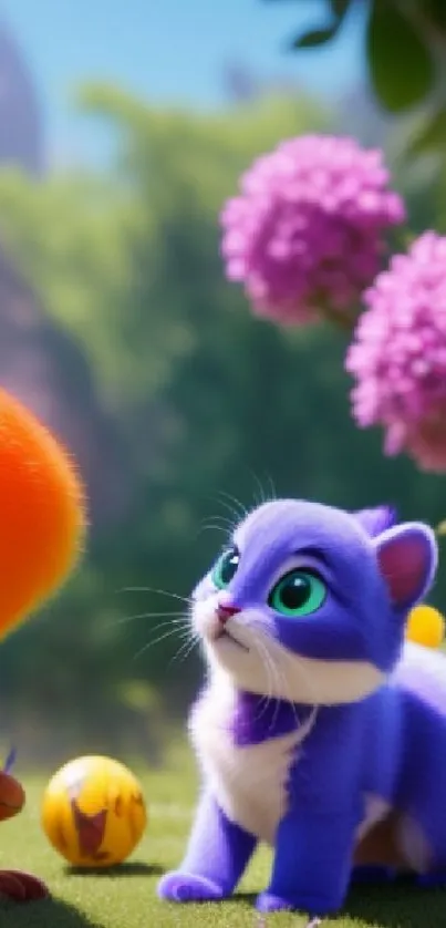 Cute purple cartoon cat gazing at bird in colorful garden.