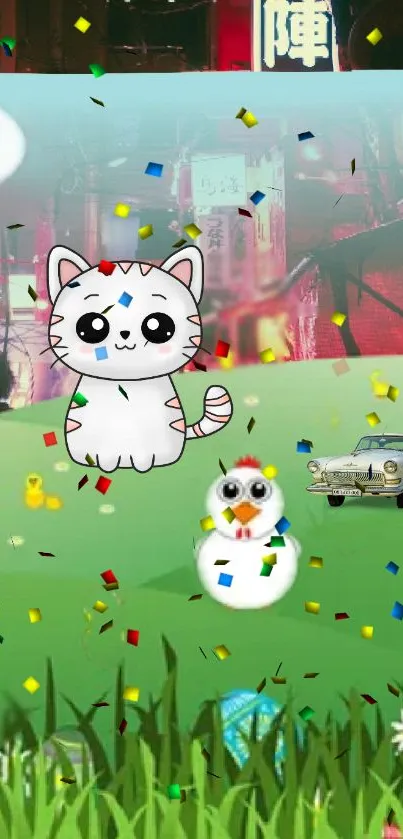 Cute cat and snowman with confetti on green field.