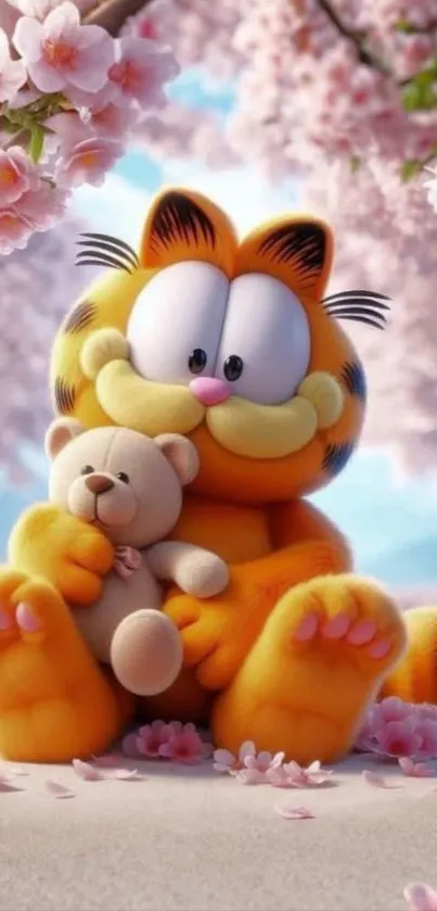 Cartoon cat with teddy bear among cherry blossoms.
