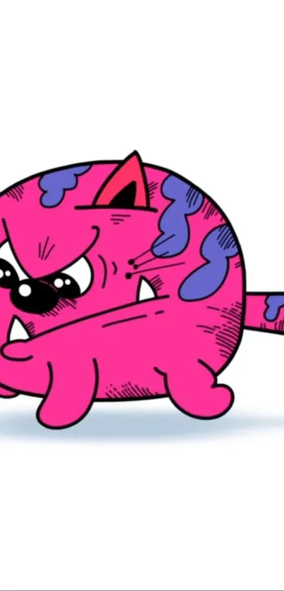 Cute cartoon pink cat with blue stripes on white background.