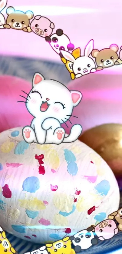 Adorable cartoon cat with Easter eggs mobile wallpaper.