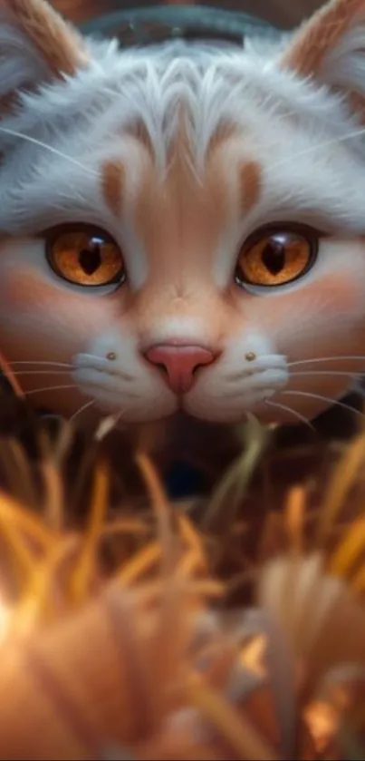 Cartoon cat with orange eyes in nature, vibrant and cute mobile wallpaper.