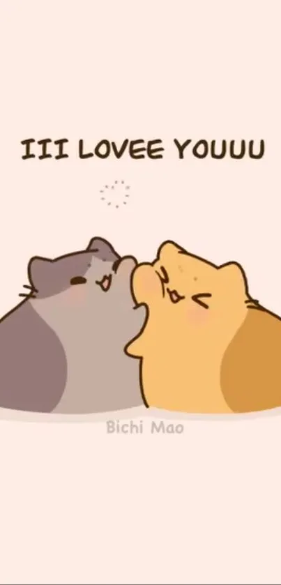 Two cartoon cats expressing love on a soft pink background.