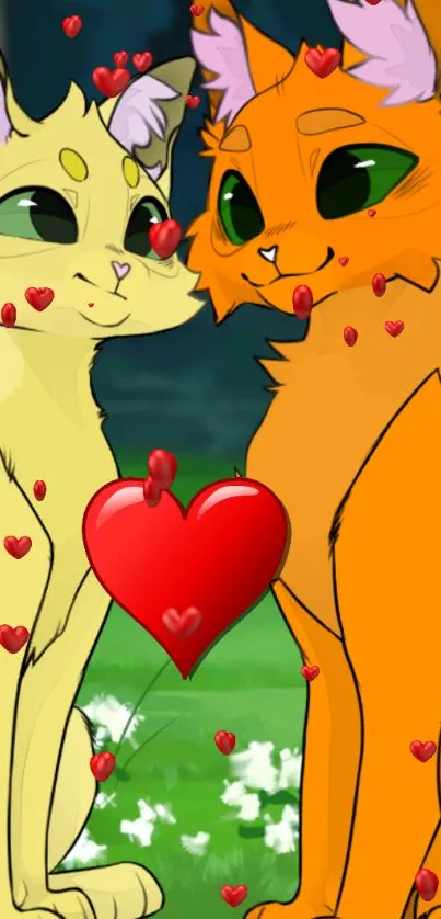 Cartoon cats with hearts in vibrant colors.