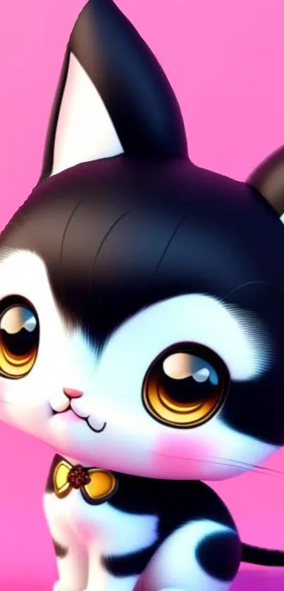 Adorable cartoon cat with big eyes on pink background wallpaper.