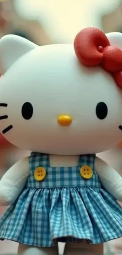 Cartoon cat with a red bow and blue dress on phone wallpaper.