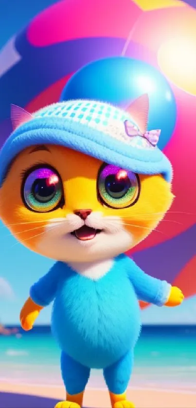 Cute cartoon cat in vibrant beach scene.