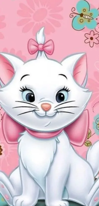 Cute cartoon cat with pink floral background.