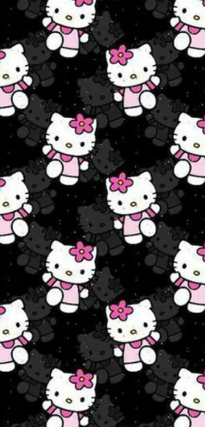 Cute cartoon cats with pink bows on a black background.