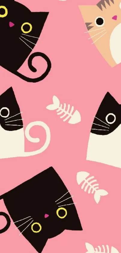 Cute cartoon cats pattern on pink background with fish bones, mobile wallpaper design.