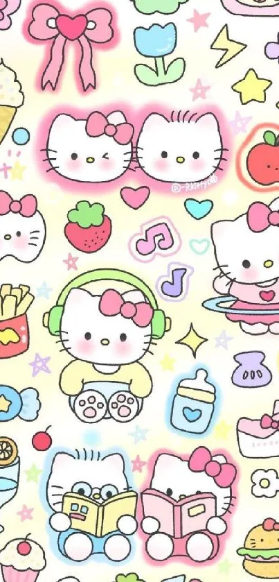 Cute cartoon cat pattern with pastel colors and playful elements.