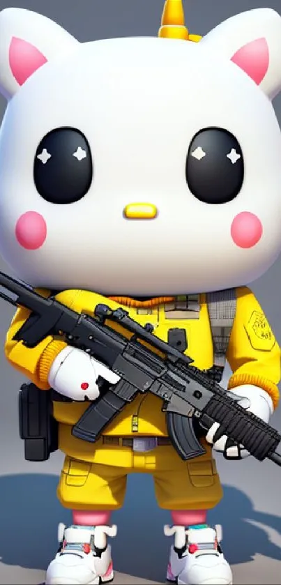 Cartoon cat soldier with a firearm in a yellow suit, standing confidently in a playful design.