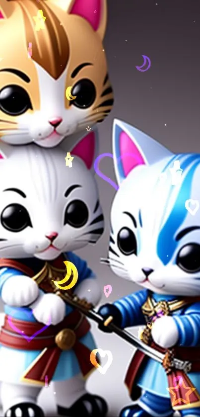 Cute cartoon cat trio with colorful outfits and playful background.