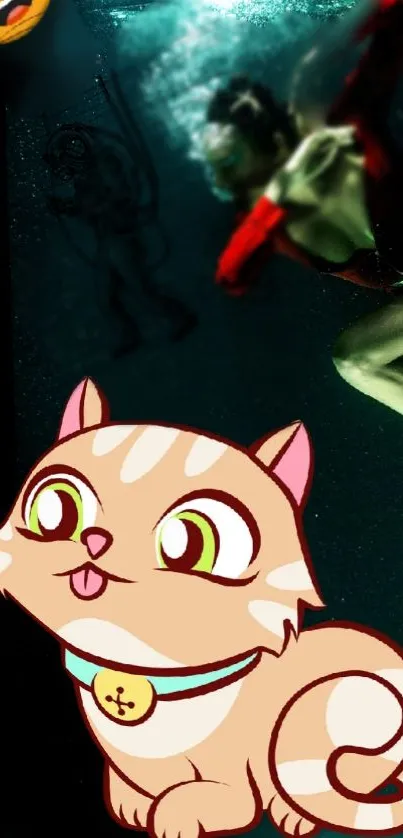 Cute cartoon cat with diver underwater scene on mobile wallpaper.