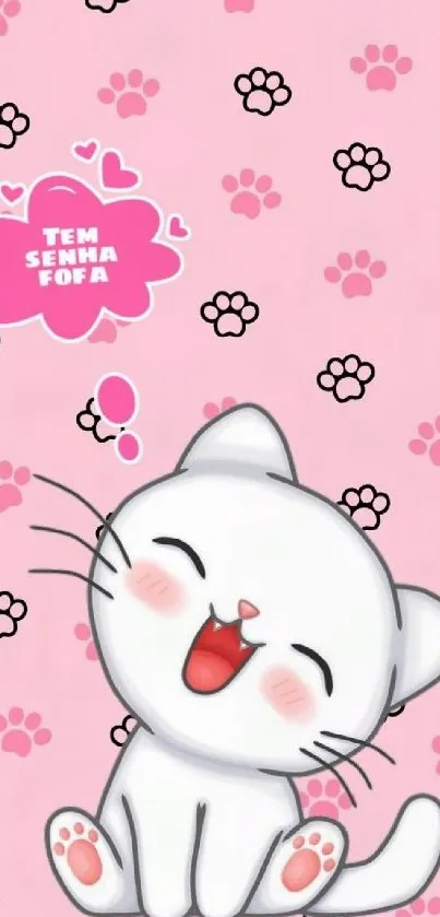 Adorable white cartoon cat on a pink background with paw prints and hearts.