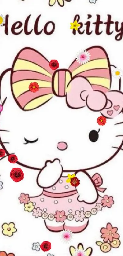 Cute cartoon cat wallpaper with pastel colors and floral patterns.