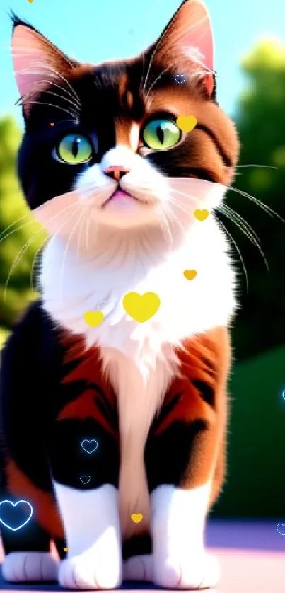 Cute cartoon cat with green eyes on a colorful background.