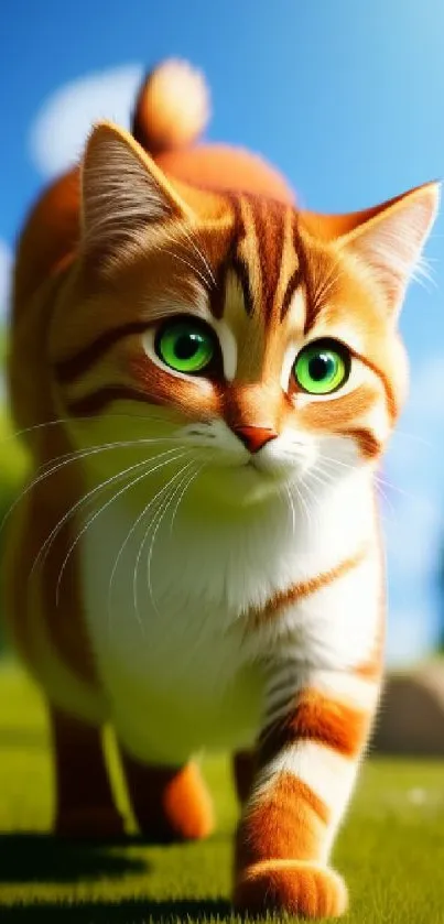 Cartoon cat with green eyes in a bright field.