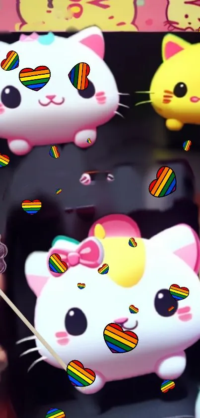 Cute cartoon cats with colorful rainbow hearts.