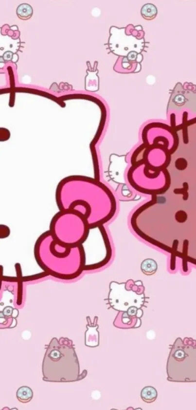 Adorable pink cartoon cat wallpaper with bows.