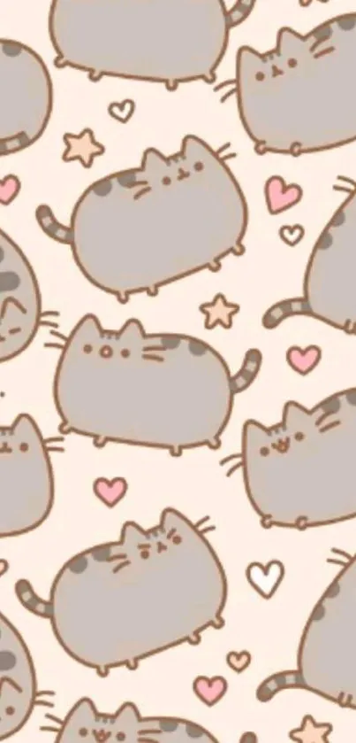 Cute cartoon cat wallpaper with hearts and stars.