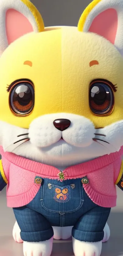 Cute cartoon cat with colorful outfit and big eyes.