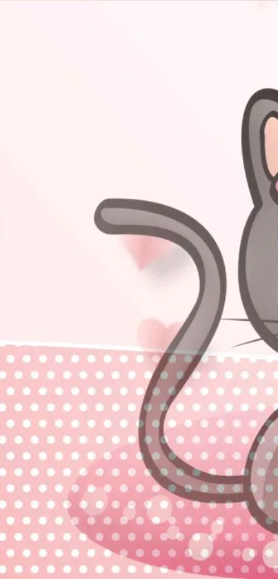 Cute cartoon cat wallpaper with pink polka dots and pastel colors.