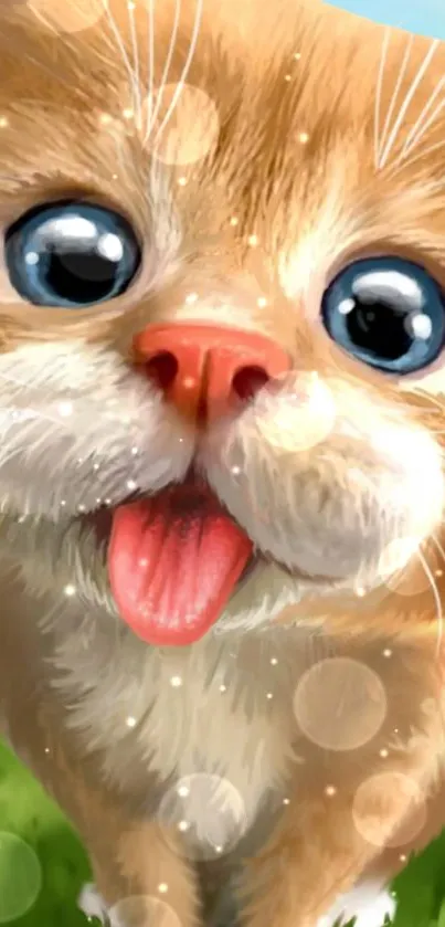 Cute cartoon kitten with bright eyes and tongue out.