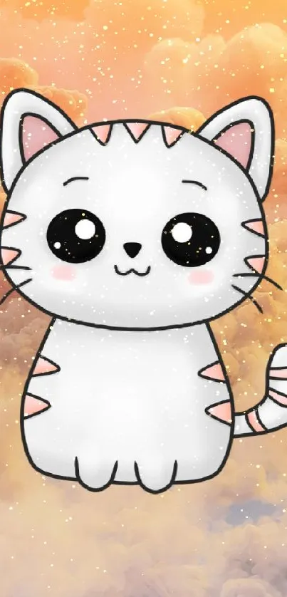 Cute cartoon cat on pastel cloud background.