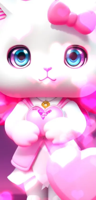 Adorable white cartoon cat holding a pink heart with purple background.