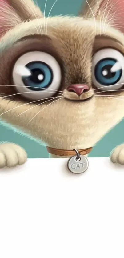 Cute cartoon cat with big eyes on teal background.