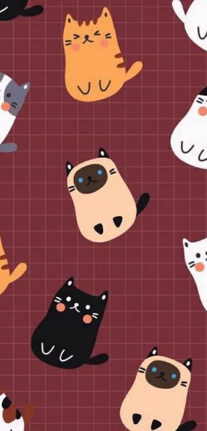 Cute cartoon cats on maroon red grid background wallpaper.