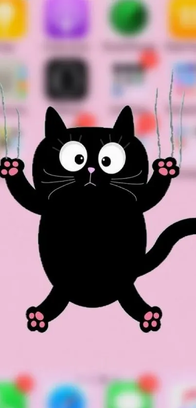 Black cartoon cat on pink background with claws displayed.