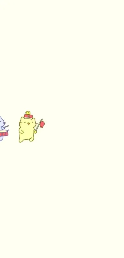 Adorable pastel cats holding instruments with crowns on a light yellow background.