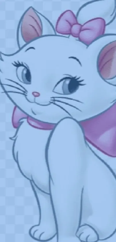 Cute cartoon cat with a pink bow sitting playfully on a light blue background.