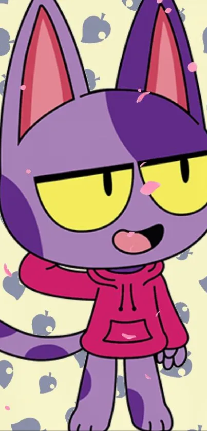 Cute cartoon cat in purple with a red hoodie on beige background.