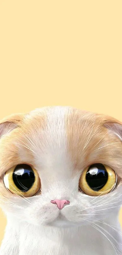 Cute cartoon cat with big eyes on a light yellow background.